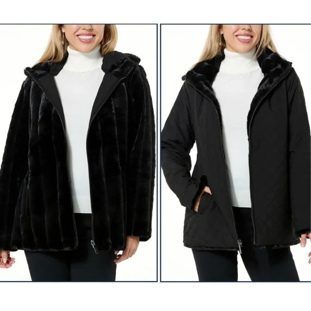 IMAN Faux Fur Coat Black Reversible Hooded Quilted Jacket Womens Sz XS NWOT